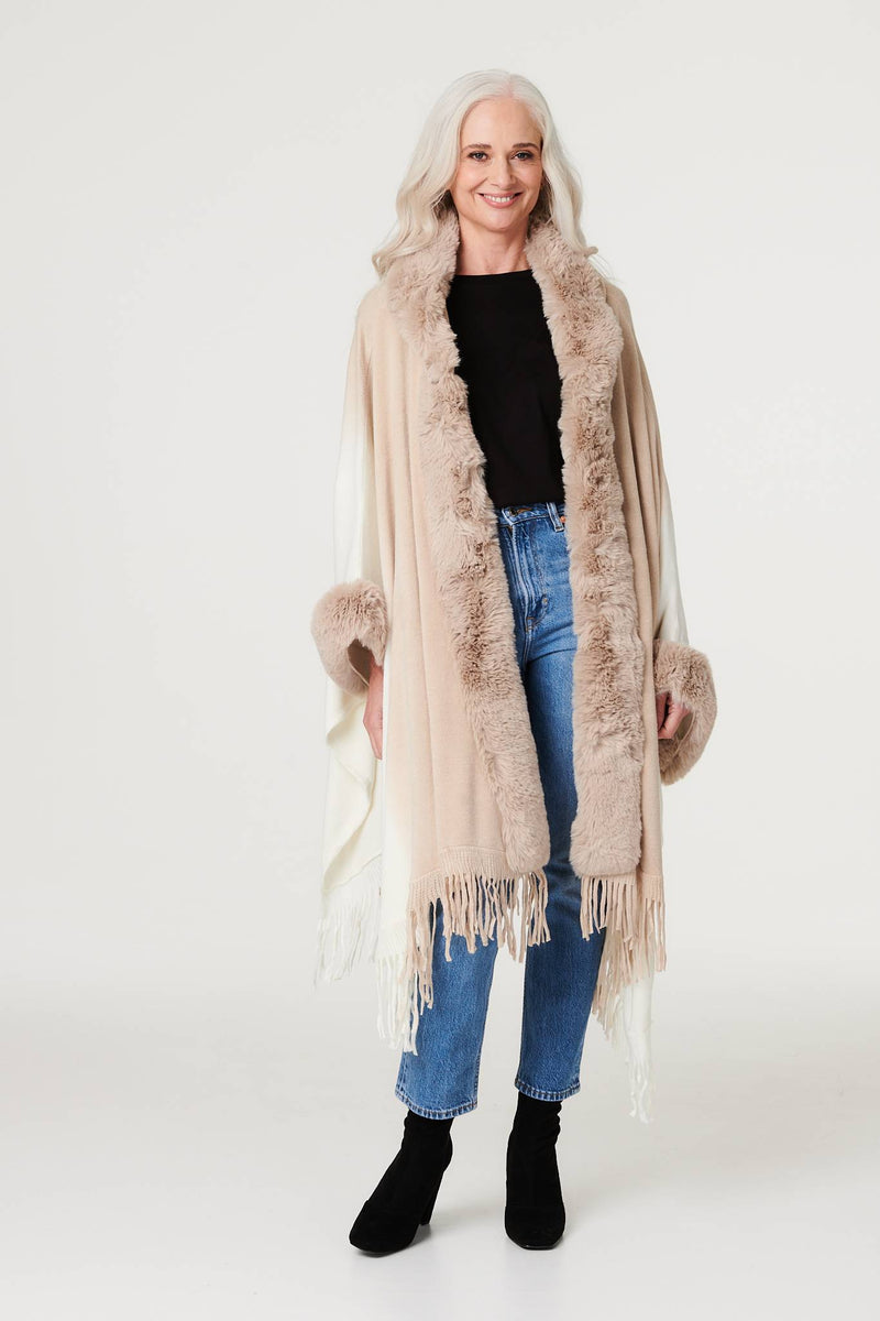 Ombre Faux Fur Trim Poncho