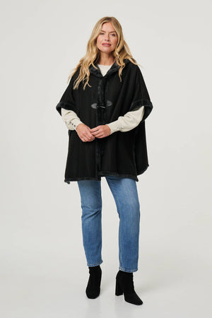 Black | Faux Fur Lined Hooded 1/2 Sleeve Poncho