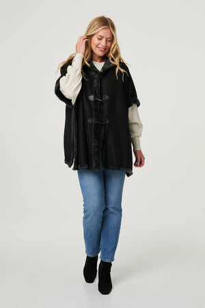 Black | Faux Fur Lined Hooded 1/2 Sleeve Poncho
