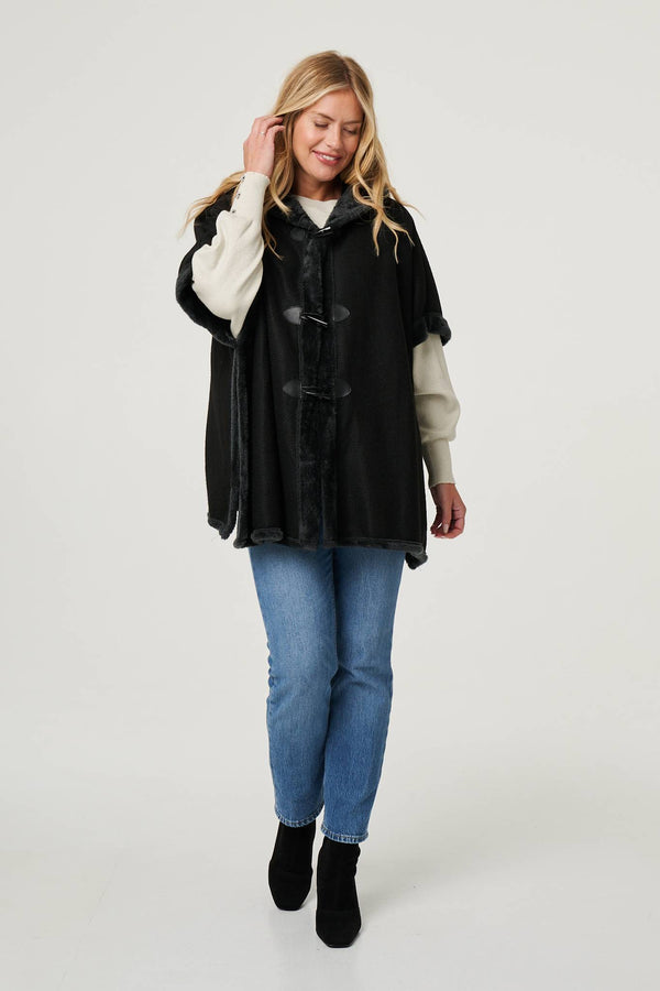 Black | Faux Fur Lined Hooded 1/2 Sleeve Poncho