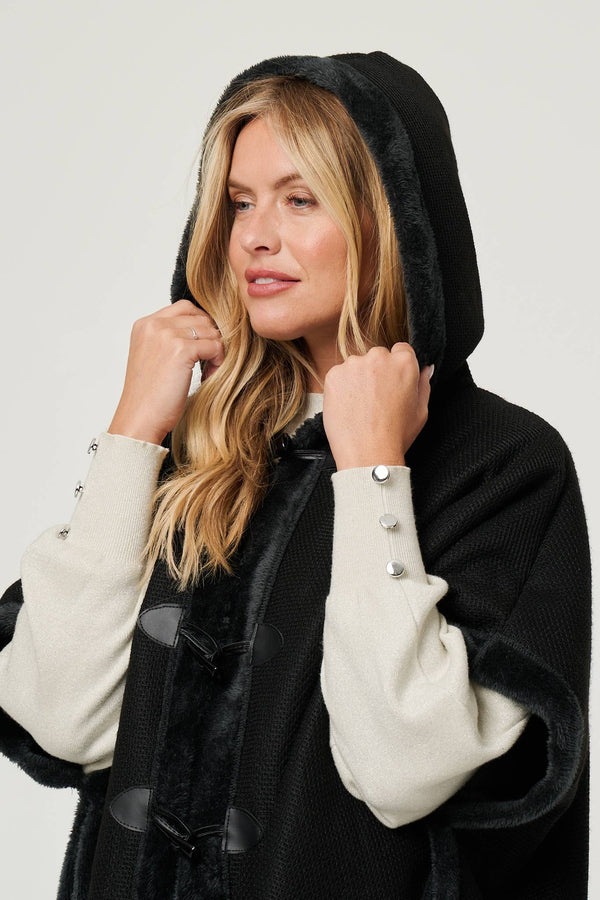 Black | Faux Fur Lined Hooded 1/2 Sleeve Poncho