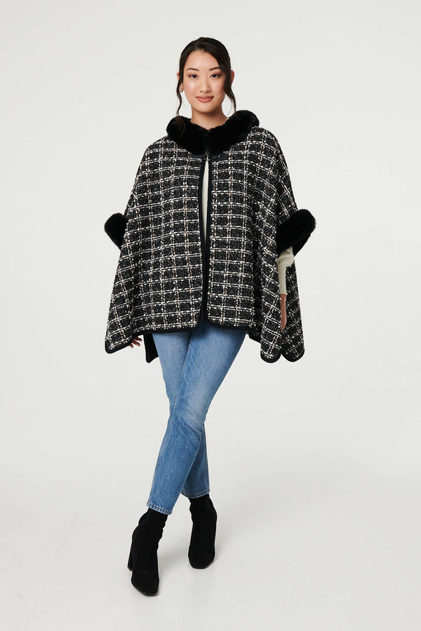 Black | Checked Faux Fur Trim 3/4 Sleeve Poncho