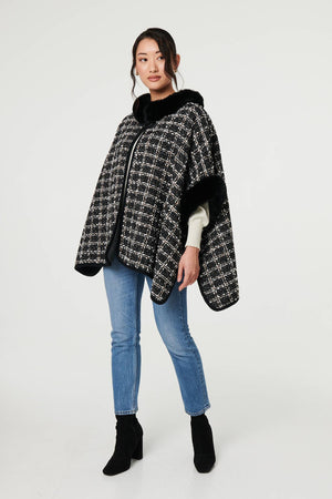 Black | Checked Faux Fur Trim 3/4 Sleeve Poncho