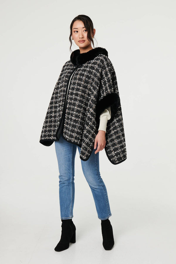 Black | Checked Faux Fur Trim 3/4 Sleeve Poncho