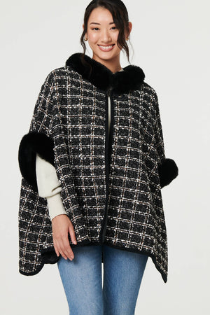 Black | Checked Faux Fur Trim 3/4 Sleeve Poncho