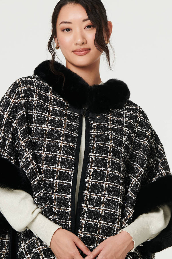 Black | Checked Faux Fur Trim 3/4 Sleeve Poncho