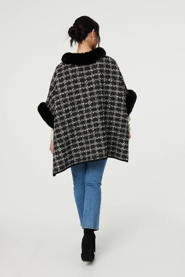 Black | Checked Faux Fur Trim 3/4 Sleeve Poncho