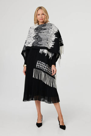 Black | Scarf Printed Fringed Oversized Poncho
