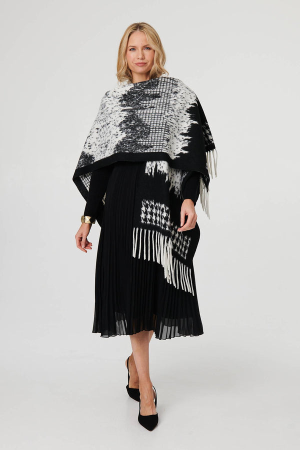 Black | Scarf Printed Fringed Oversized Poncho

