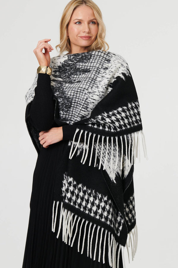 Black | Scarf Printed Fringed Oversized Poncho

