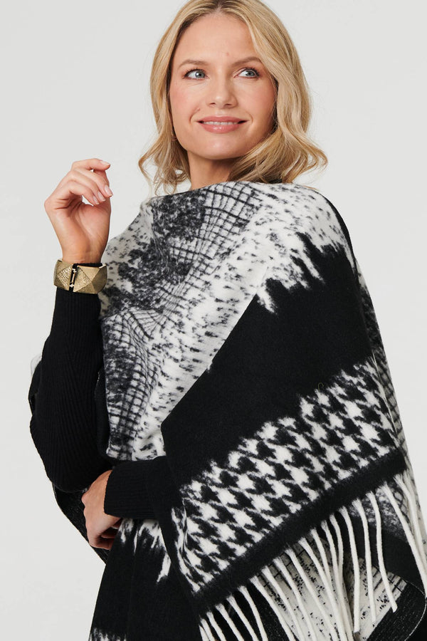 Black | Scarf Printed Fringed Oversized Poncho
