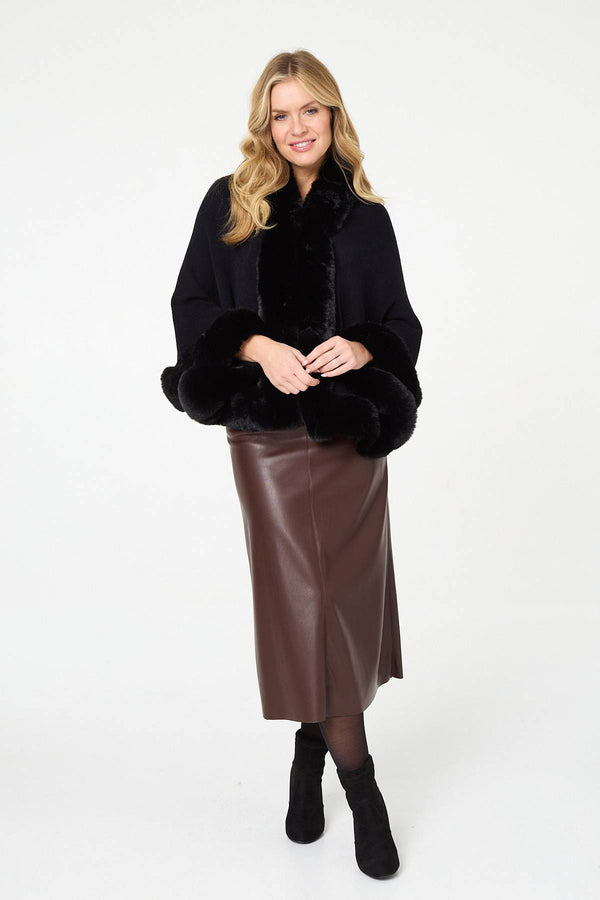 Black | Faux Fur Trim Batwing Poncho
