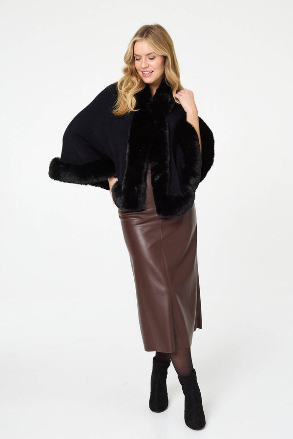 Black | Faux Fur Trim Batwing Poncho
