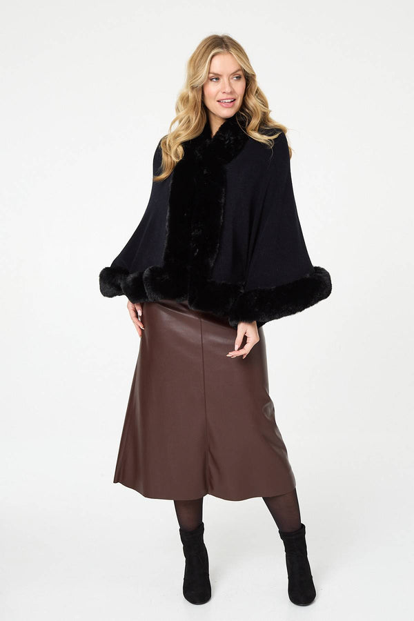 Black | Faux Fur Trim Batwing Poncho
