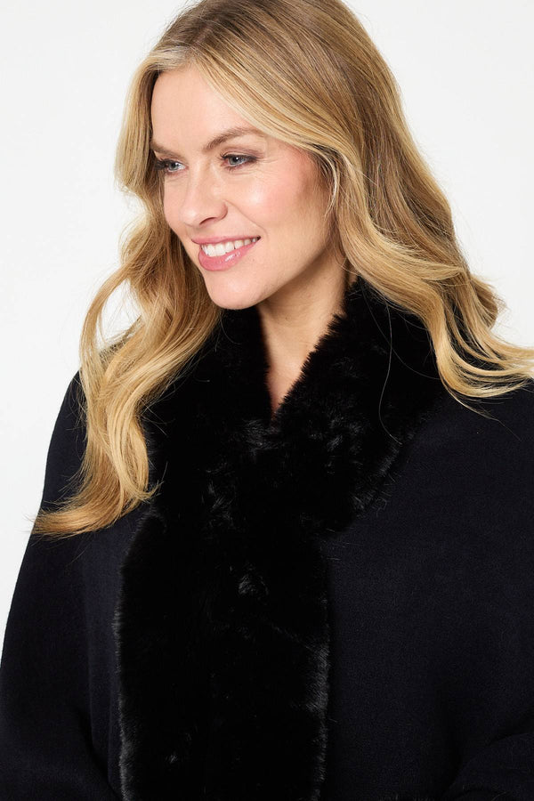Black | Faux Fur Trim Batwing Poncho
