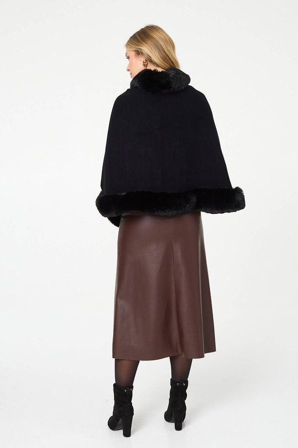 Black | Faux Fur Trim Batwing Poncho
