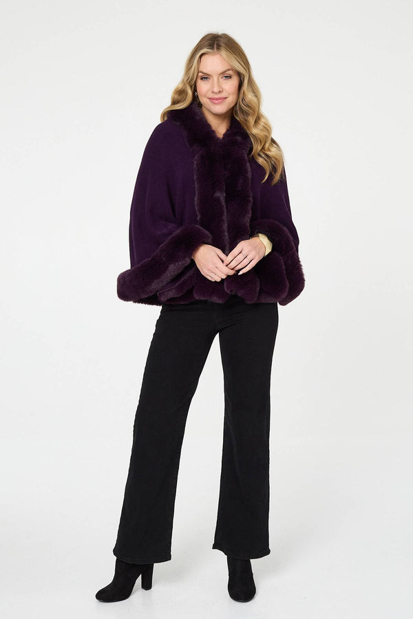 Purple | Faux Fur Trim Batwing Poncho
