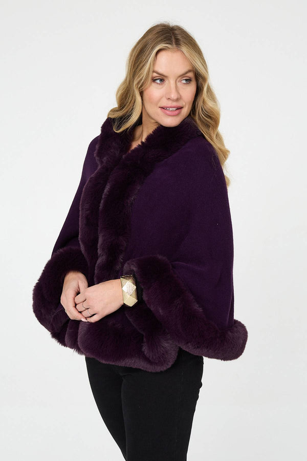 Purple | Faux Fur Trim Batwing Poncho
