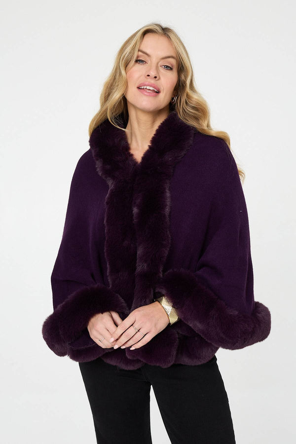 Purple | Faux Fur Trim Batwing Poncho : Model is 5'10"/178 cm and wears UK8/EU36/US4/AUS8