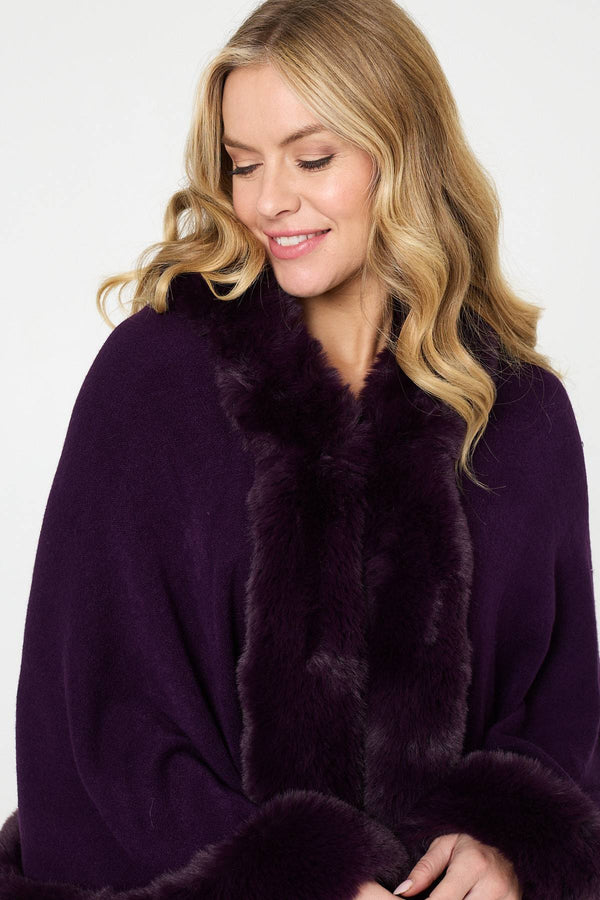 Purple | Faux Fur Trim Batwing Poncho

