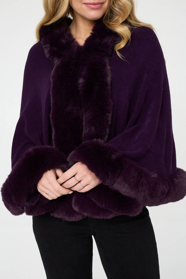 Purple | Faux Fur Trim Batwing Poncho
