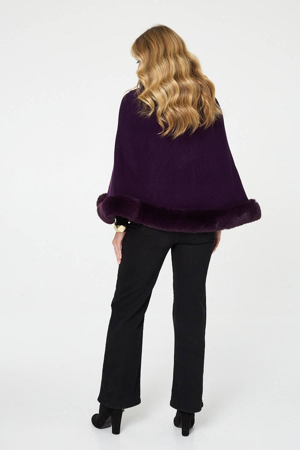 Purple | Faux Fur Trim Batwing Poncho
