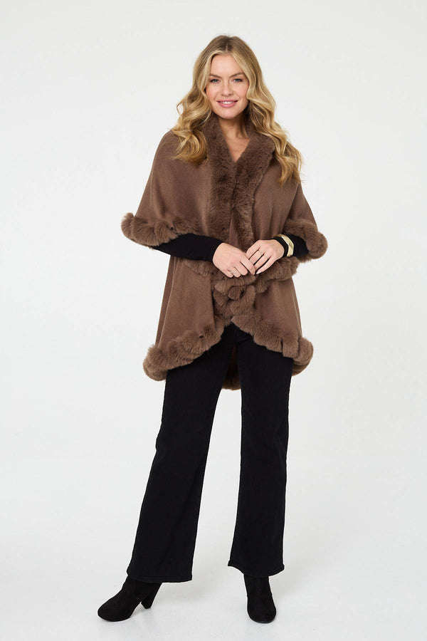 Beige | Faux Fur Trim Layered Poncho
