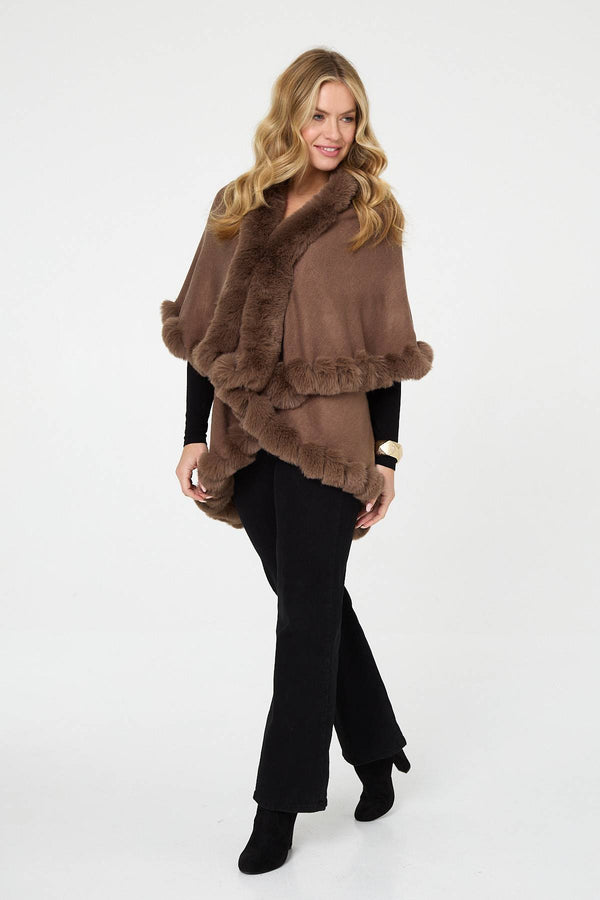 Beige | Faux Fur Trim Layered Poncho

