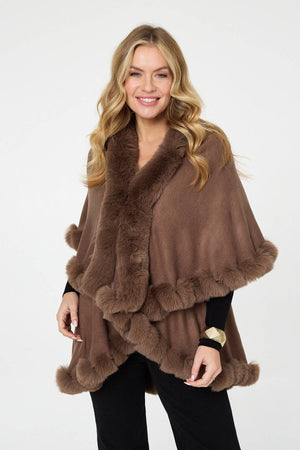 Beige | Faux Fur Trim Layered Poncho : Model is 5'10