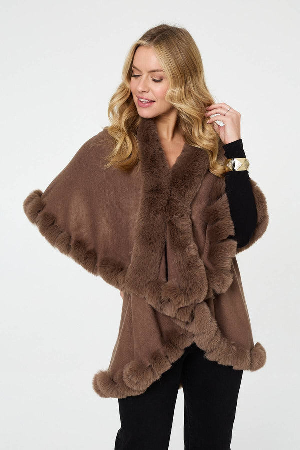 Beige | Faux Fur Trim Layered Poncho
