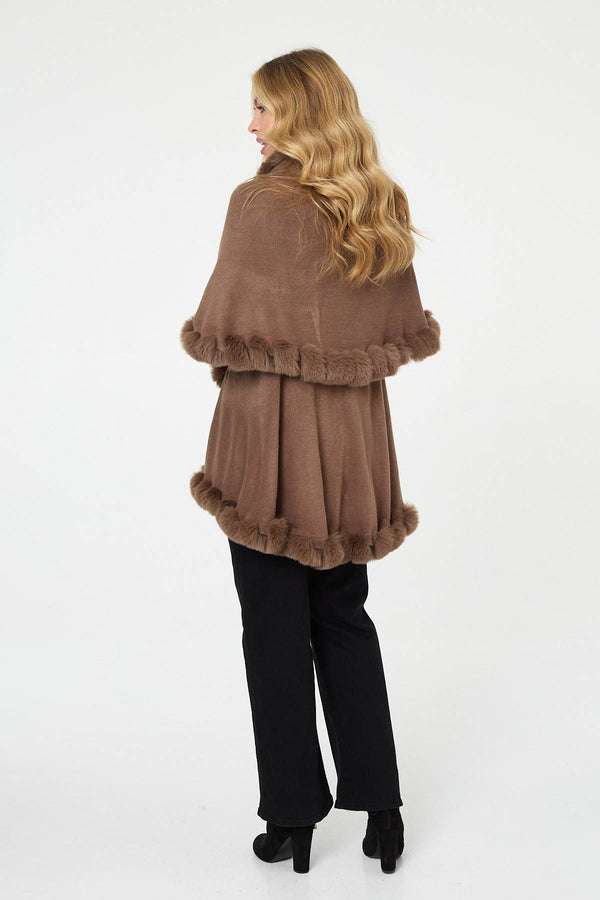 Beige | Faux Fur Trim Layered Poncho
