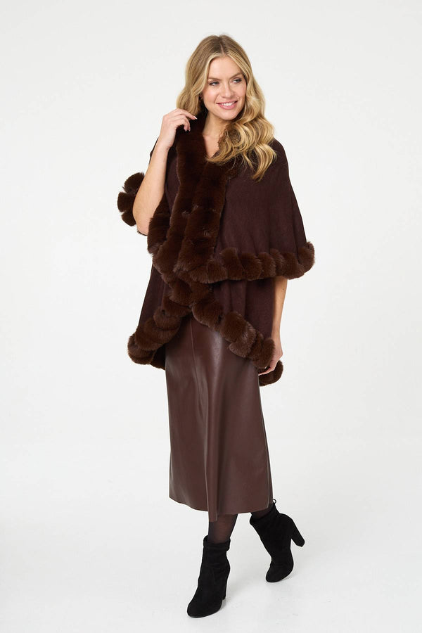 Brown | Faux Fur Trim Layered Poncho
