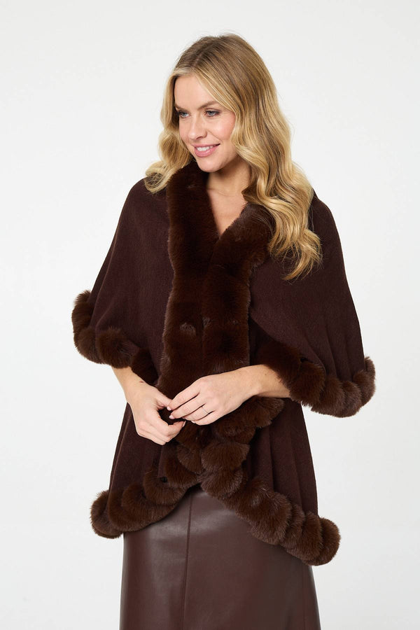 Brown | Faux Fur Trim Layered Poncho
