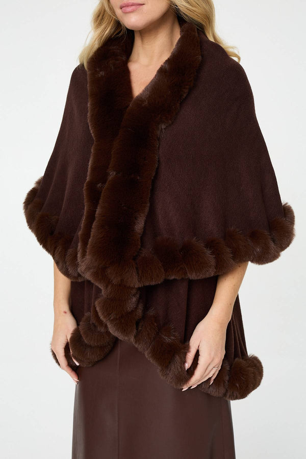 Brown | Faux Fur Trim Layered Poncho
