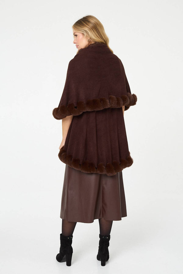 Brown | Faux Fur Trim Layered Poncho
