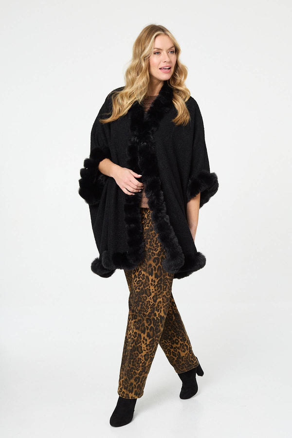 Black | Faux Fur Trim 3/4 Sleeve Poncho
