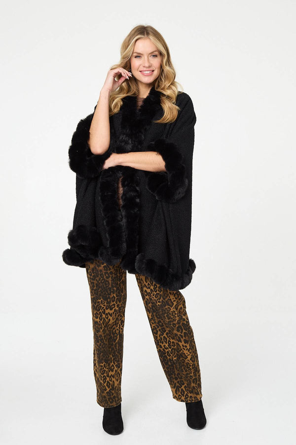 Black | Faux Fur Trim 3/4 Sleeve Poncho
