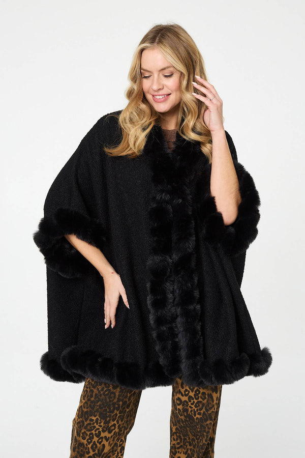 Black | Faux Fur Trim 3/4 Sleeve Poncho
