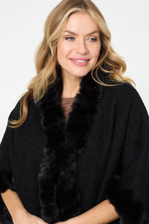 Black | Faux Fur Trim 3/4 Sleeve Poncho
