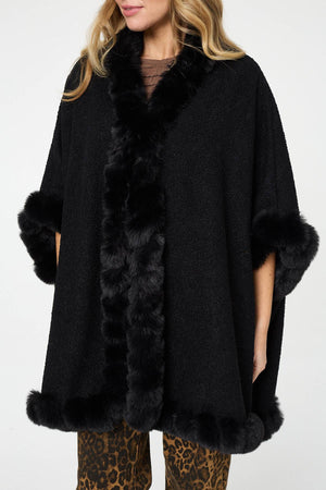 Black | Faux Fur Trim 3/4 Sleeve Poncho
