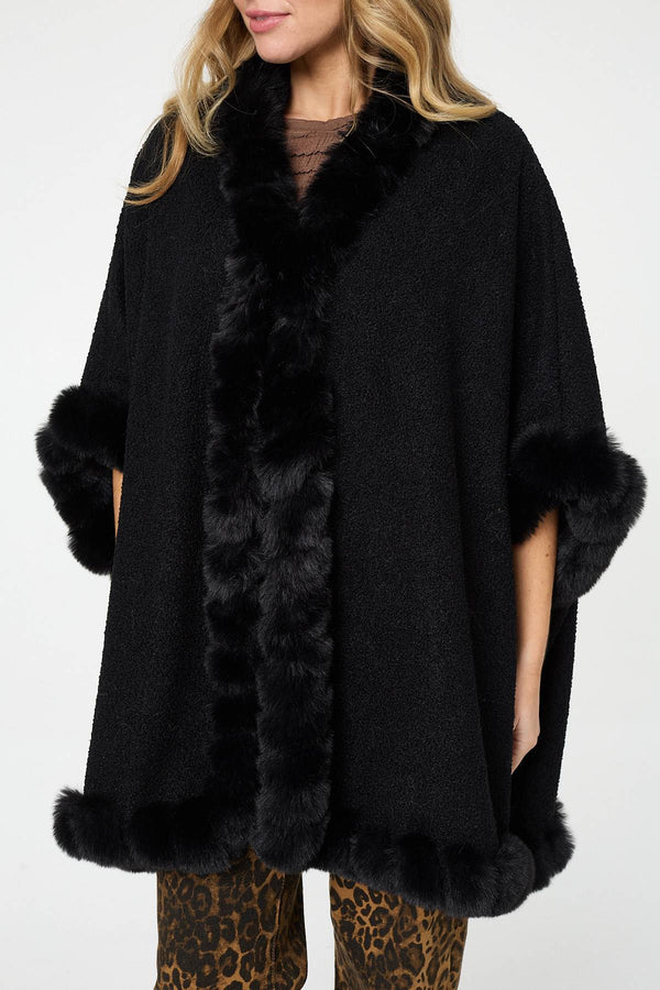 Black | Faux Fur Trim 3/4 Sleeve Poncho
