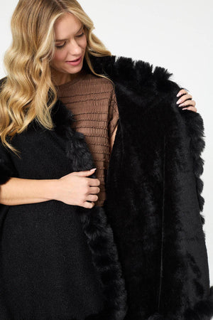 Black | Faux Fur Trim 3/4 Sleeve Poncho
