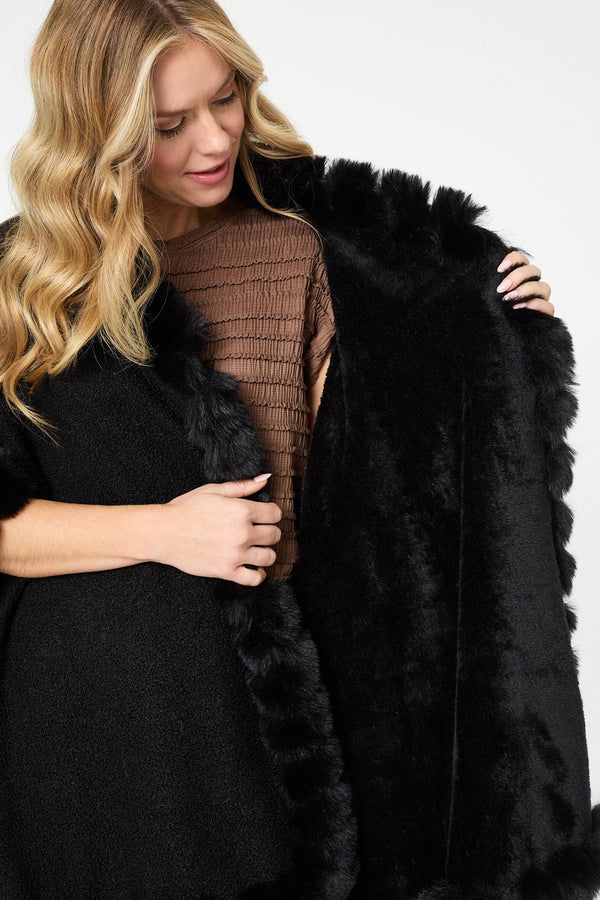 Black | Faux Fur Trim 3/4 Sleeve Poncho
