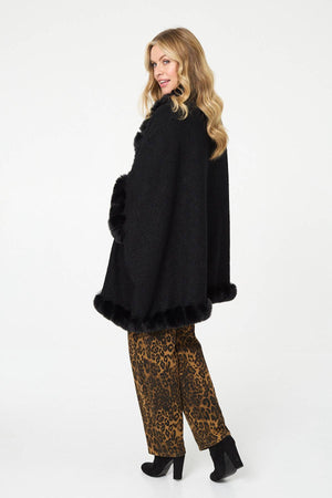 Black | Faux Fur Trim 3/4 Sleeve Poncho
