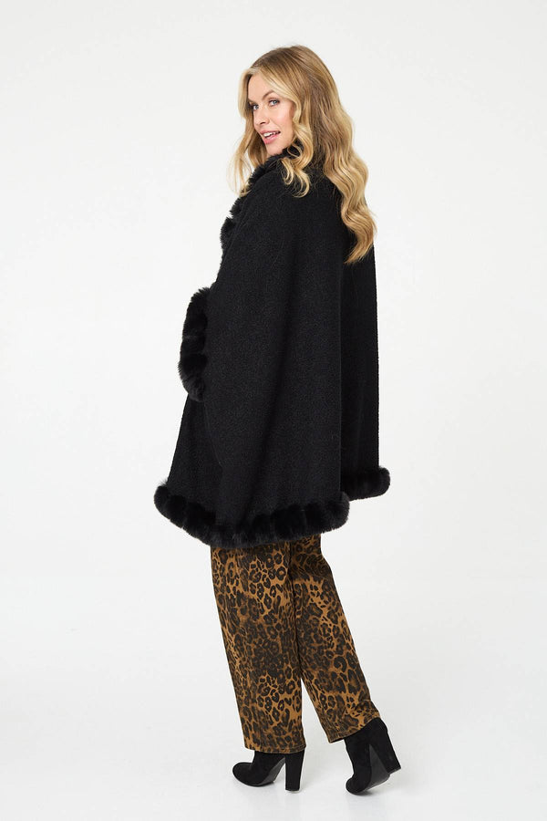 Black | Faux Fur Trim 3/4 Sleeve Poncho

