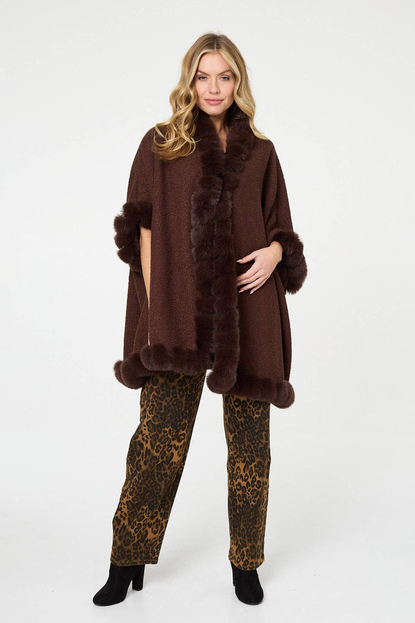 Brown | Faux Fur Trim 3/4 Sleeve Poncho
