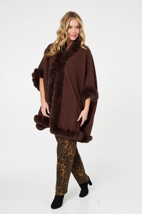 Brown | Faux Fur Trim 3/4 Sleeve Poncho
