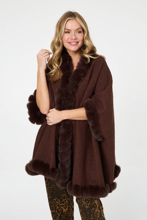 Brown | Faux Fur Trim 3/4 Sleeve Poncho : Model is 5'10"/178 cm and wears UK8/EU36/US4/AUS8