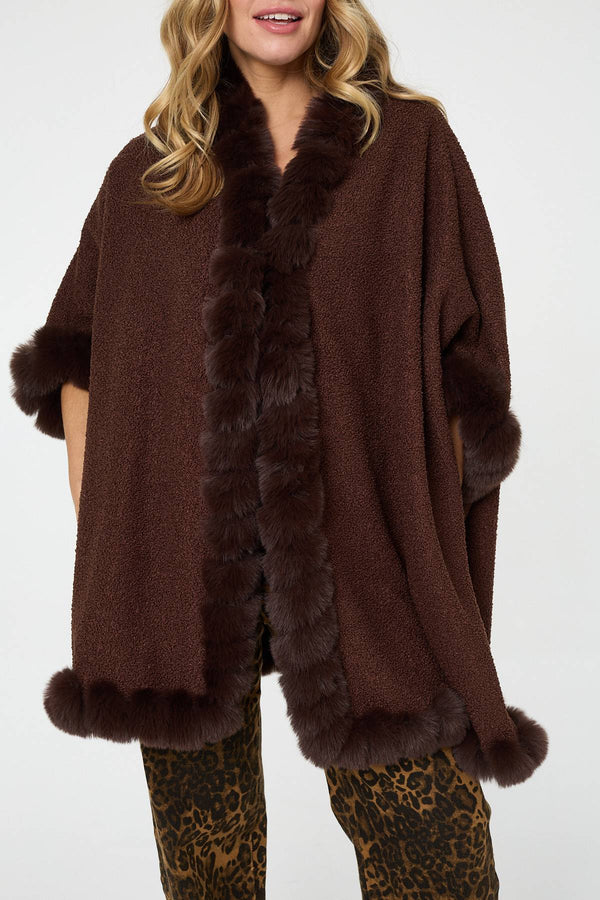 Brown | Faux Fur Trim 3/4 Sleeve Poncho
