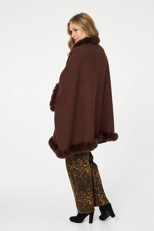 Brown | Faux Fur Trim 3/4 Sleeve Poncho
